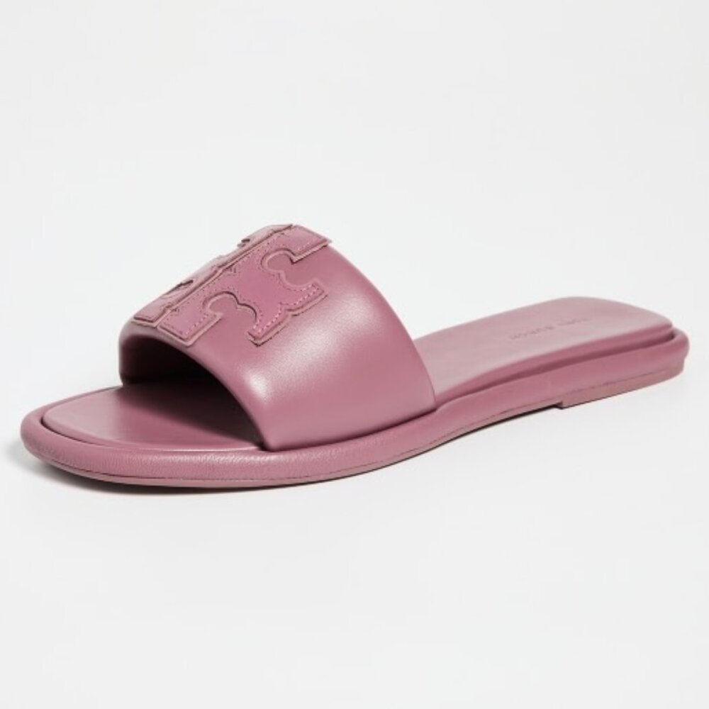 NIB Tory Burch Double T Sport Slide Leather Sandal Cipria Mauve 7.5 8 8.5 9 9.5